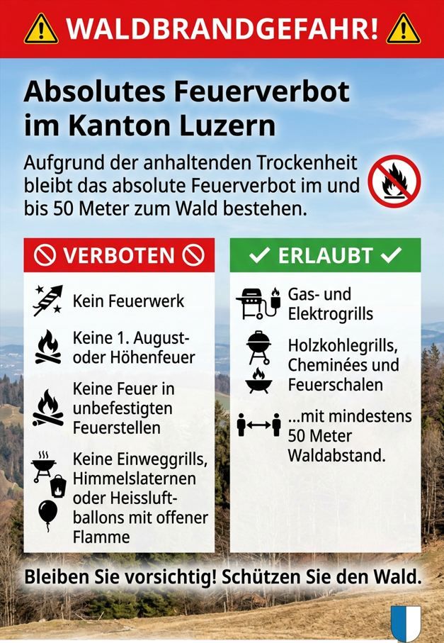 🔥 Waldbrandgefahr: Feuerwerksverbot am 1. August 🔥

Aufgrund der anhaltenden Trockenheit bleibt im Kanton Luzern das absolute Feuerverbot im und bis 50 Meter zum Wald bestehen.

🚫 Deshalb gilt im gesamten Kantonsgebiet:
- Kein Feuerwerk
- Keine 1. August- oder Höhenfeuer
- Keine Feuer in unbefestigten Feuerstellen
- Keine Einweggrills, Himmelslaternen oder Heissluftballons mit offener Flamme

✅ Erlaubt sind Gas- und Elektrogrills sowie Holzkohlegrills, Cheminées und Feuerschalen in Gärten oder auf Balkonen mit mindestens 50 Meter Waldabstand.

🙏 Danke, dass ihr mithelft, Wald, Natur und Bevölkerung zu schützen. Gemeinsam können wir Brände verhindern.